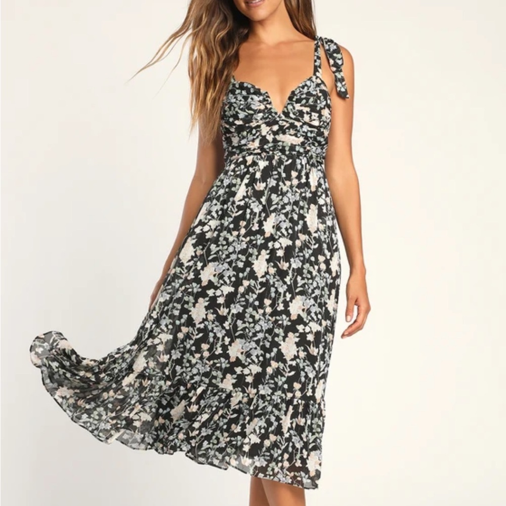 Lush Loveliness Black Floral Lurex Tie-Strap Midi Dress